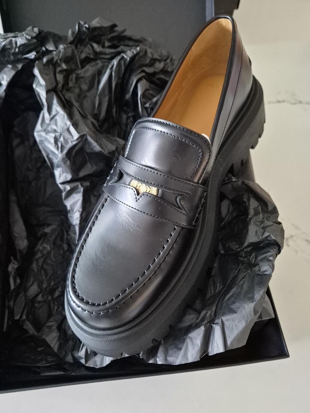 Maje Black Leather Medaille Lug-Sole Penny Loafers